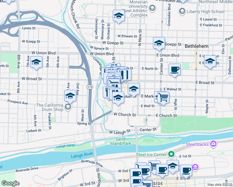 map of restaurants, bars, coffee shops, grocery stores, and more near 77 West Broad Street in Bethlehem