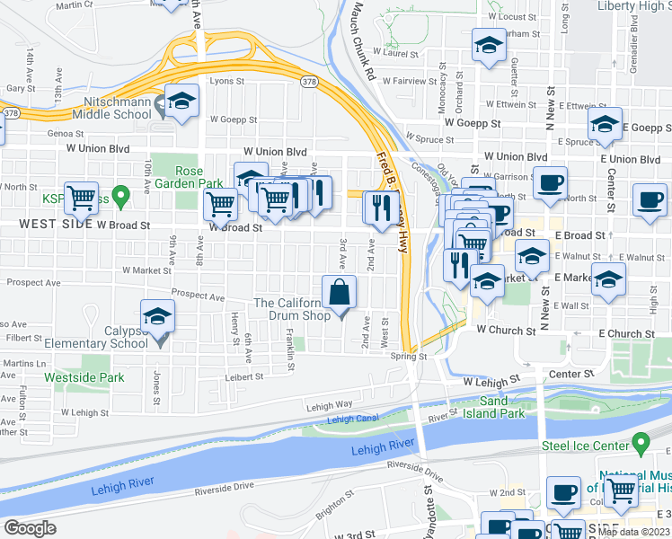 map of restaurants, bars, coffee shops, grocery stores, and more near 521 3rd Avenue in Bethlehem