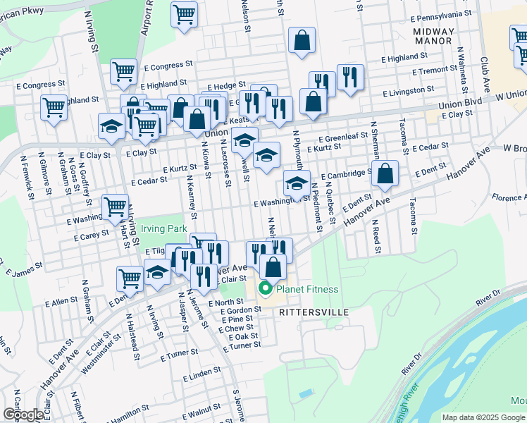 map of restaurants, bars, coffee shops, grocery stores, and more near 801 North Maxwell Street in Allentown