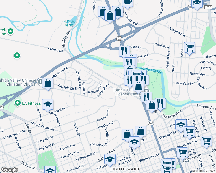 map of restaurants, bars, coffee shops, grocery stores, and more near 240 Mickley Avenue in Fullerton