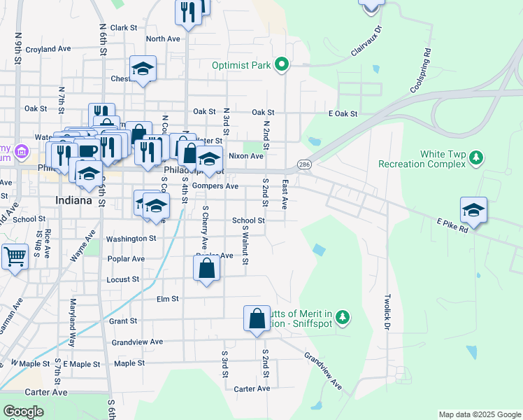 map of restaurants, bars, coffee shops, grocery stores, and more near 230 Church Street in Indiana