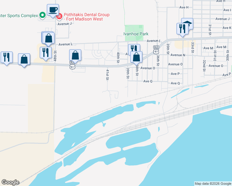 map of restaurants, bars, coffee shops, grocery stores, and more near 5 41st Street in Fort Madison