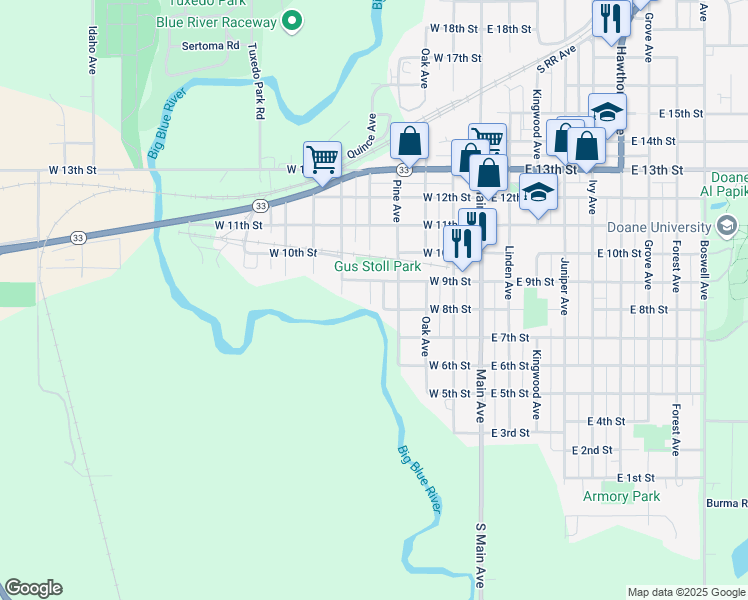 map of restaurants, bars, coffee shops, grocery stores, and more near 440 West 9th Street in Crete