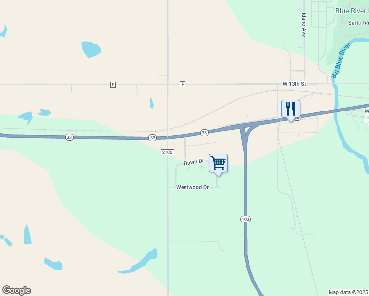 map of restaurants, bars, coffee shops, grocery stores, and more near 2333 Heather Drive in Crete