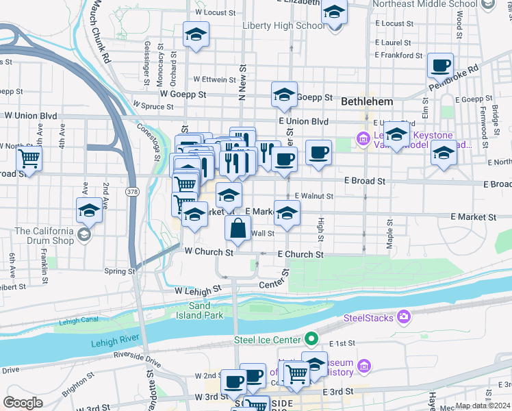 map of restaurants, bars, coffee shops, grocery stores, and more near 25 East Market Street in Bethlehem