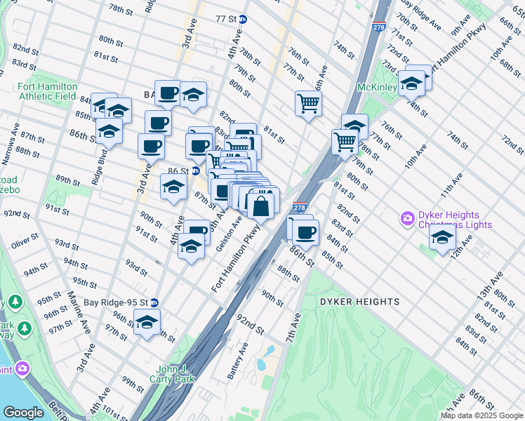 map of restaurants, bars, coffee shops, grocery stores, and more near 8502 Fort Hamilton Parkway in Brooklyn