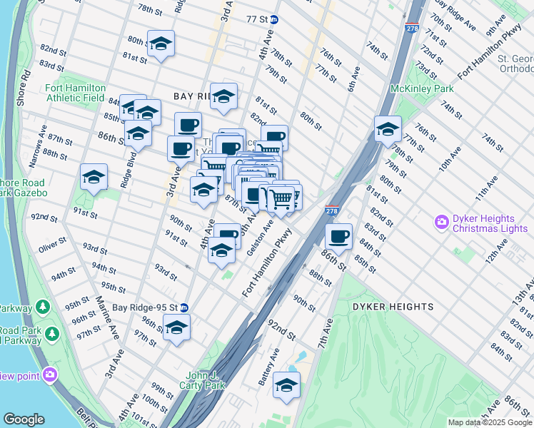 map of restaurants, bars, coffee shops, grocery stores, and more near 8515 5th Avenue in Brooklyn