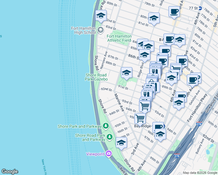 map of restaurants, bars, coffee shops, grocery stores, and more near 53 91st Street in Brooklyn
