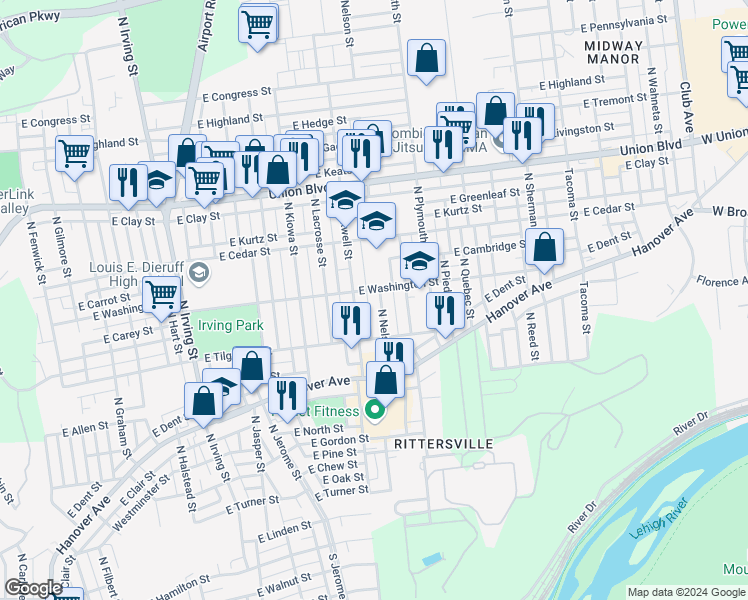 map of restaurants, bars, coffee shops, grocery stores, and more near 801 North Maxwell Street in Allentown