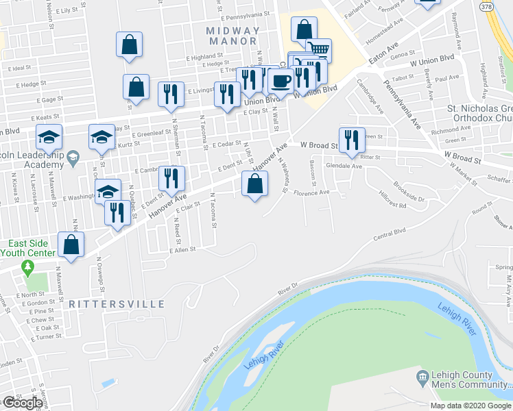 map of restaurants, bars, coffee shops, grocery stores, and more near 2124 Hanover Avenue in Allentown
