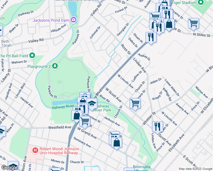 map of restaurants, bars, coffee shops, grocery stores, and more near 2065 Saint George Avenue in Rahway