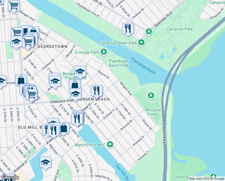 map of restaurants, bars, coffee shops, grocery stores, and more near 7415 Avenue U in Brooklyn