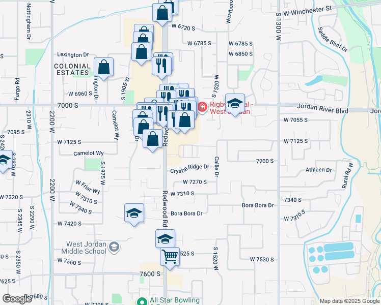 map of restaurants, bars, coffee shops, grocery stores, and more near 1612 Beamon Street in West Jordan