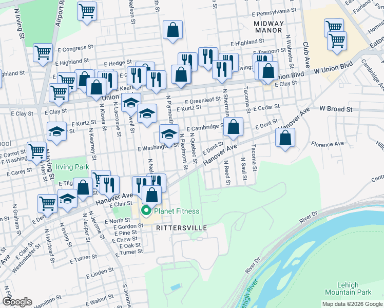 map of restaurants, bars, coffee shops, grocery stores, and more near 1638 East Washington Street in Allentown