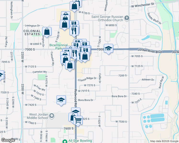map of restaurants, bars, coffee shops, grocery stores, and more near 7136 Longitude Lane in West Jordan