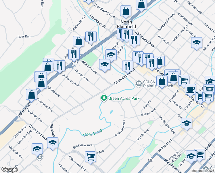 map of restaurants, bars, coffee shops, grocery stores, and more near 136 Greenbrook Road in North Plainfield
