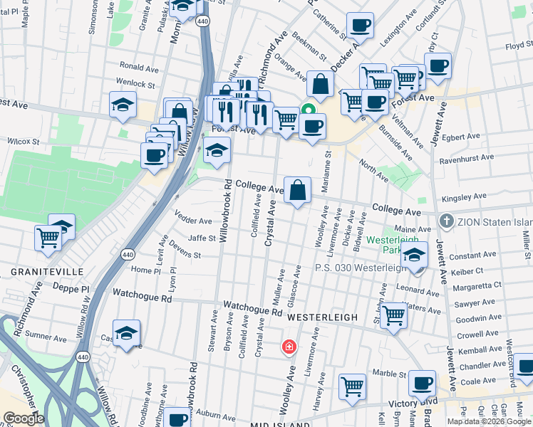 map of restaurants, bars, coffee shops, grocery stores, and more near 112 Crystal Avenue in Staten Island