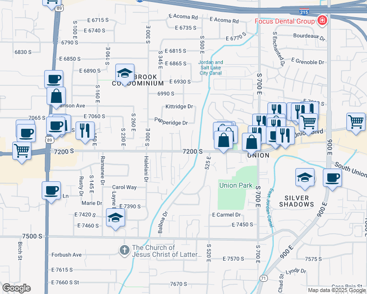 map of restaurants, bars, coffee shops, grocery stores, and more near 7187 South 420 East in Midvale