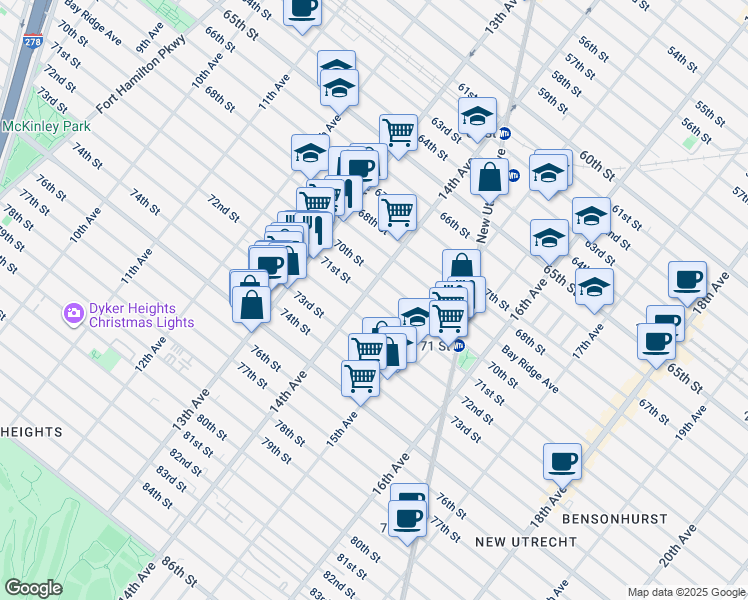 map of restaurants, bars, coffee shops, grocery stores, and more near 1409 71st Street in Brooklyn