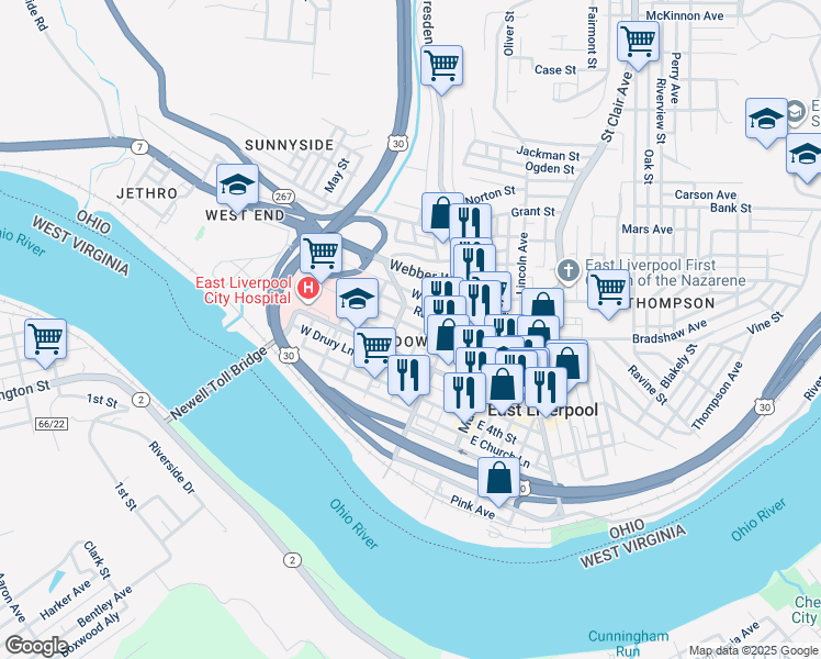 map of restaurants, bars, coffee shops, grocery stores, and more near 301 West 6th Street in East Liverpool