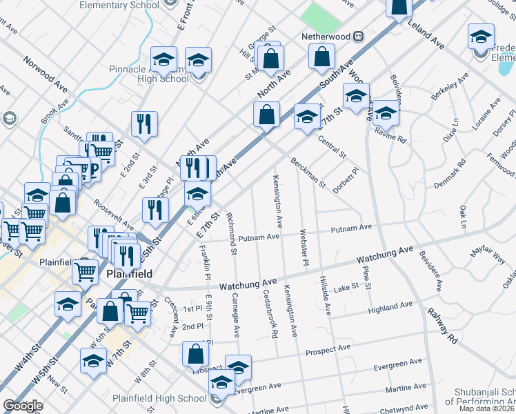 map of restaurants, bars, coffee shops, grocery stores, and more near 727 Carlton Avenue in Plainfield