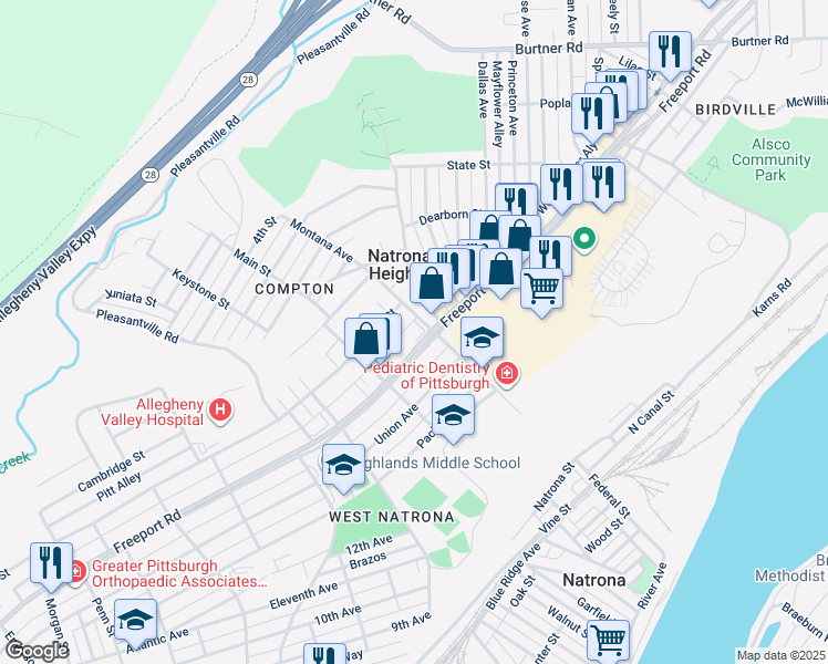 map of restaurants, bars, coffee shops, grocery stores, and more near 1009 Montana Avenue in Natrona Heights