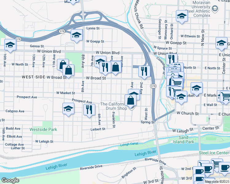 map of restaurants, bars, coffee shops, grocery stores, and more near 520 West Market Street in Bethlehem