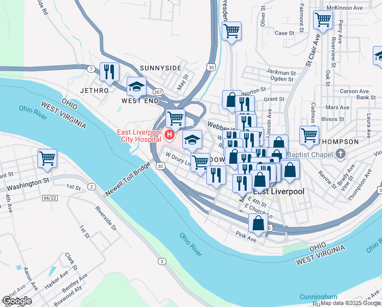 map of restaurants, bars, coffee shops, grocery stores, and more near 332 West 6th Street in East Liverpool