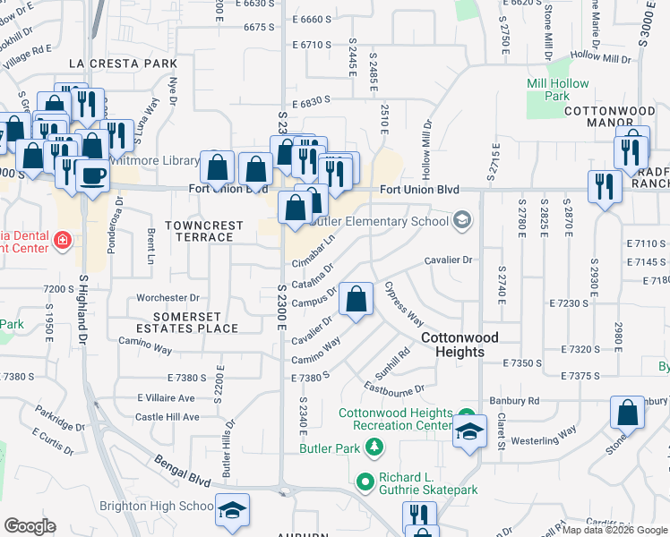 map of restaurants, bars, coffee shops, grocery stores, and more near 2400 Catalina Drive in Salt Lake City