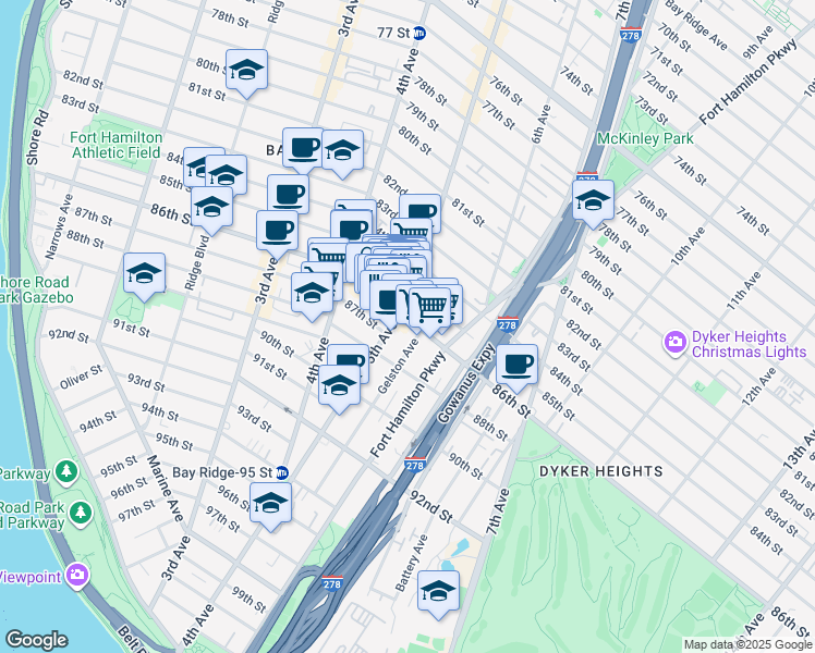 map of restaurants, bars, coffee shops, grocery stores, and more near 8515 5th Avenue in Brooklyn