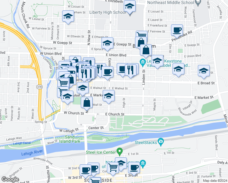 map of restaurants, bars, coffee shops, grocery stores, and more near 115 East Market Street in Bethlehem