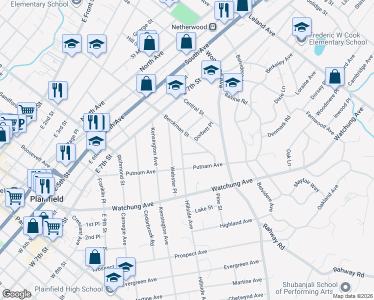 map of restaurants, bars, coffee shops, grocery stores, and more near 1305 Sunnyside Place in Plainfield