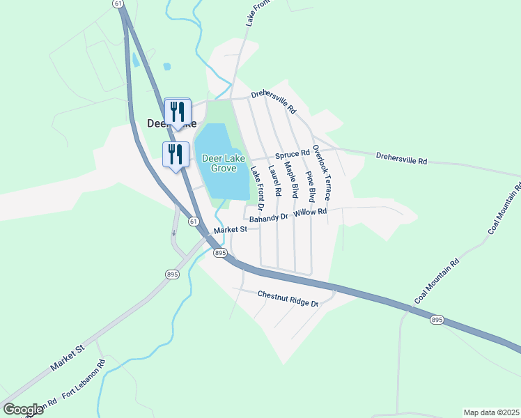 map of restaurants, bars, coffee shops, grocery stores, and more near 212 Lake Front Drive in Orwigsburg
