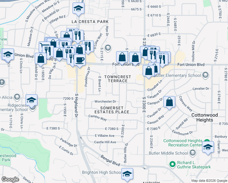 map of restaurants, bars, coffee shops, grocery stores, and more near 7161 South 2155 East in Cottonwood Heights