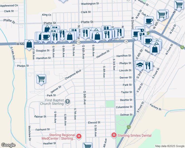 map of restaurants, bars, coffee shops, grocery stores, and more near 425 Lincoln Street in Sterling