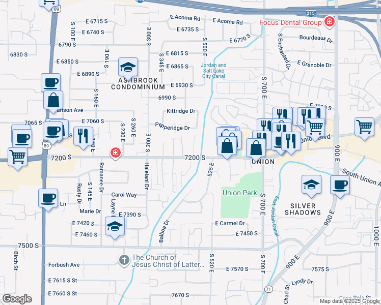 map of restaurants, bars, coffee shops, grocery stores, and more near 7170 South 420 East in Midvale