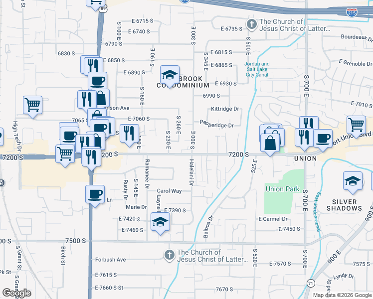 map of restaurants, bars, coffee shops, grocery stores, and more near 7150 South 300 East in Midvale