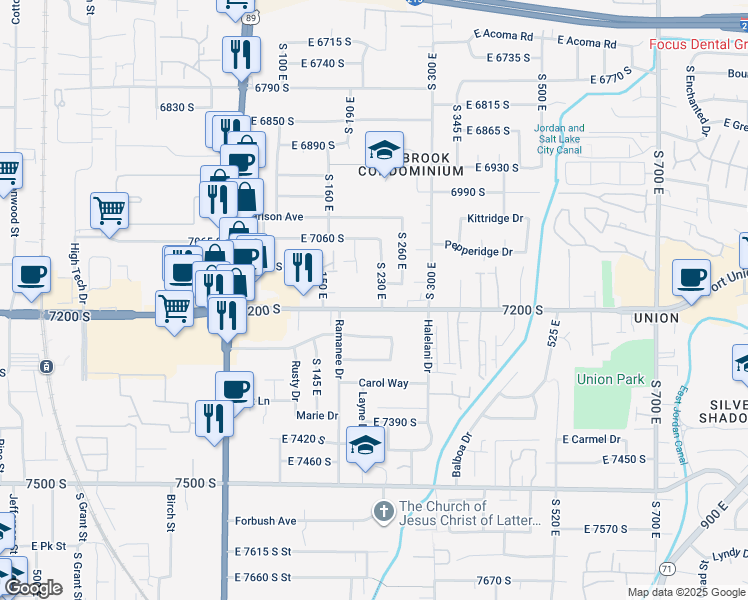 map of restaurants, bars, coffee shops, grocery stores, and more near 7134-7136 Terrell Circle in Midvale
