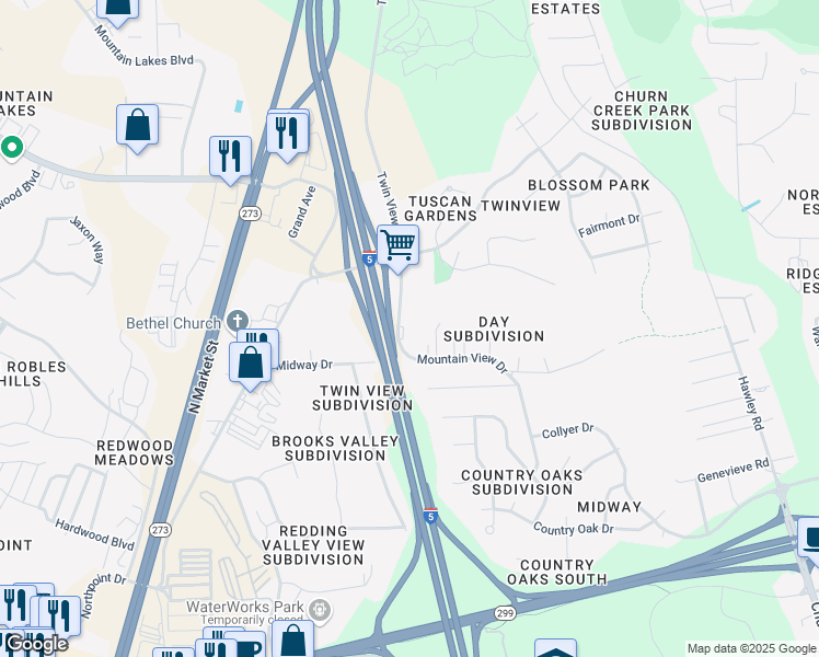 map of restaurants, bars, coffee shops, grocery stores, and more near 5435 Mountain View Drive in Redding