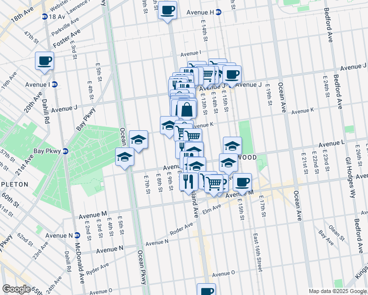 map of restaurants, bars, coffee shops, grocery stores, and more near 1476 Coney Island Avenue in Brooklyn