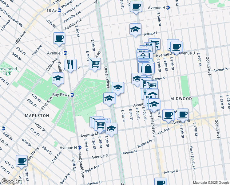 map of restaurants, bars, coffee shops, grocery stores, and more near 1115 Ocean Parkway Service Road in Brooklyn