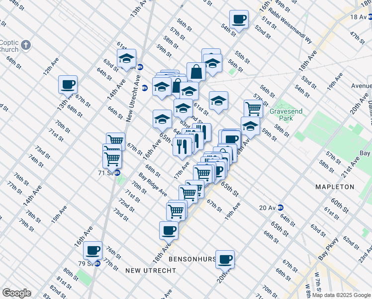 map of restaurants, bars, coffee shops, grocery stores, and more near 1647 65th Street in Brooklyn