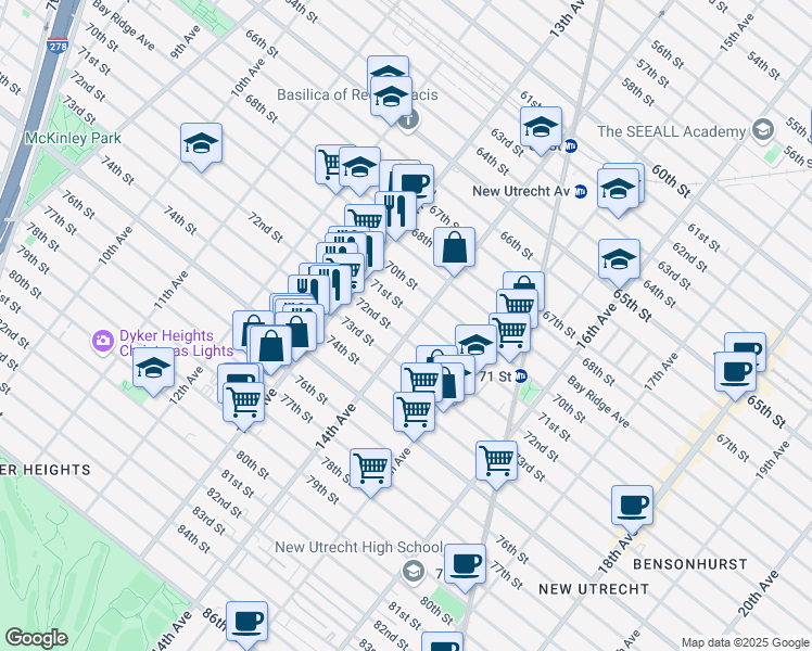 map of restaurants, bars, coffee shops, grocery stores, and more near 1350 71st Street in Brooklyn