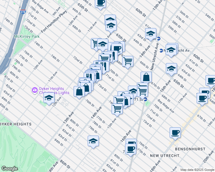 map of restaurants, bars, coffee shops, grocery stores, and more near 1350 71st Street in Brooklyn