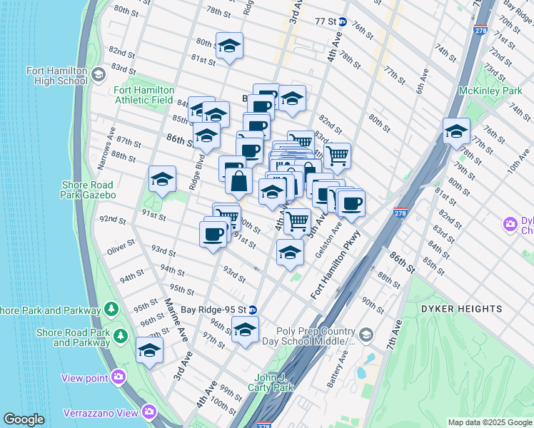 map of restaurants, bars, coffee shops, grocery stores, and more near 365 88th Street in Brooklyn