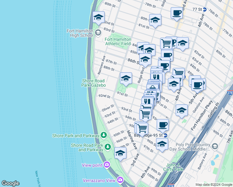 map of restaurants, bars, coffee shops, grocery stores, and more near 116 91st Street in Brooklyn
