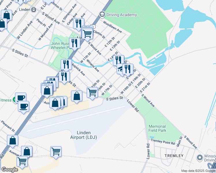 map of restaurants, bars, coffee shops, grocery stores, and more near 1610 Winans Avenue in Linden