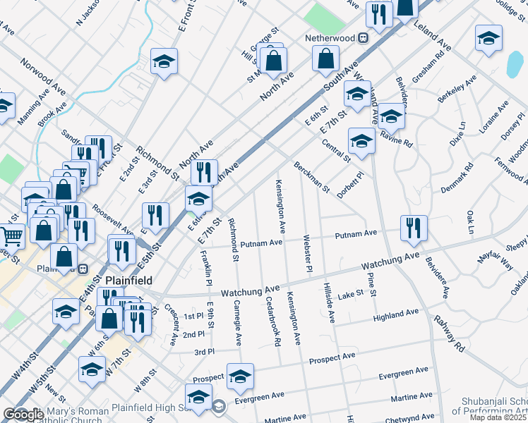 map of restaurants, bars, coffee shops, grocery stores, and more near 738-40 Kensington Avenue in Plainfield