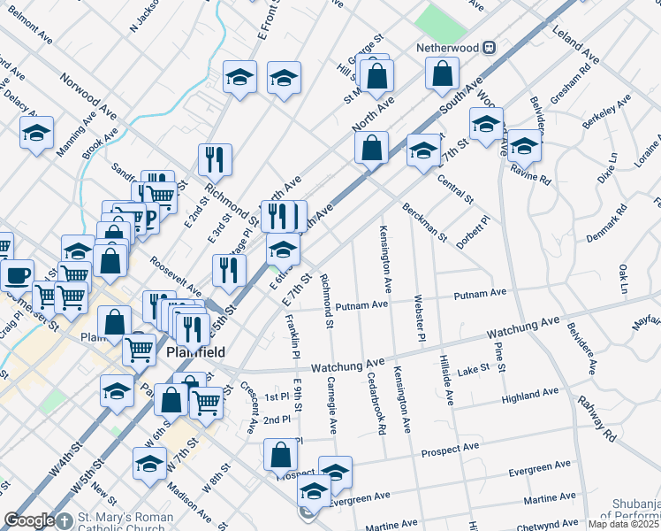 map of restaurants, bars, coffee shops, grocery stores, and more near 708-10 Carlton Avenue in Plainfield