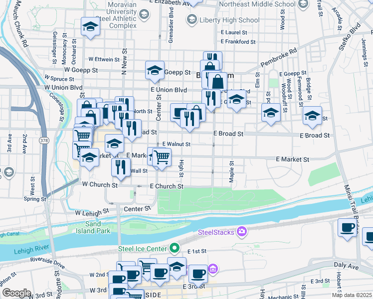 map of restaurants, bars, coffee shops, grocery stores, and more near 537 High Street in Bethlehem